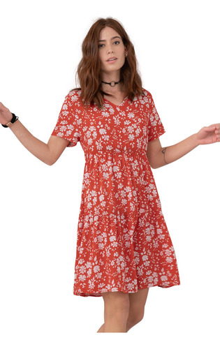 Vestido Corto Para Mujer Estampado Rojo Flores Rutta