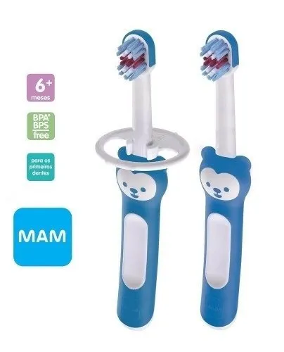 Escova Dental Mam ® Azul Cabo Curto Baby's Brush 2 Unid. 6m+