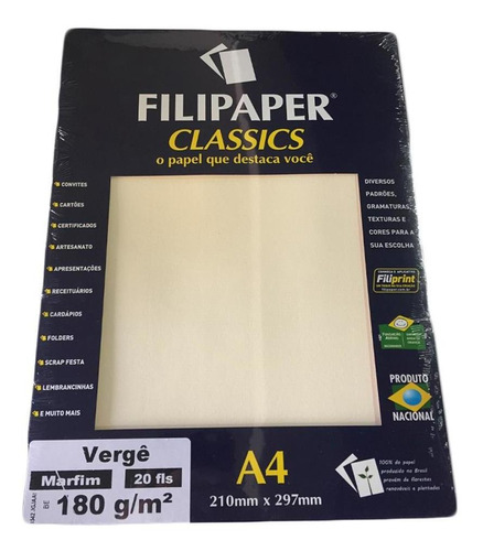 Papel A4 Vergê 180g Com 20 Folhas Marfim Filipaper