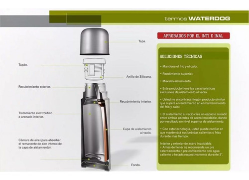 Imagen 3 de 6 de Termo Waterdog 1 Litro Acero Inoxidable Camping Manija Mate