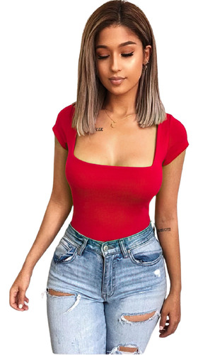 Body Mujer Escote Cuadrado Manga Corta Casual  Rojo 