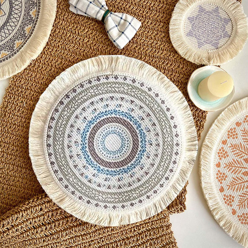 2 Mantel Individual Con Flecos De Mandala Boho Estilo D