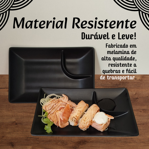 Kit 12 Pratos-retangular De Melamina C/ Molheira Preto Sushi