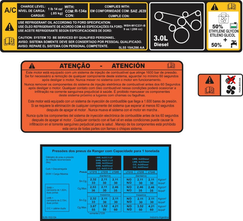 Kit Adesivos Etiquetas Cofre Motor Ford Ranger 3.0 2010