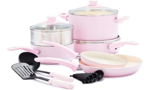 Batería De Cocina Con Cerámica Rosa 12 Piezas Greenlife