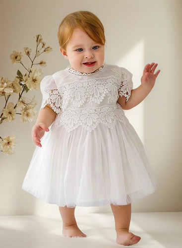 Vestido Bebê Batizado Batismo Casamento Com Renda Saia Tule