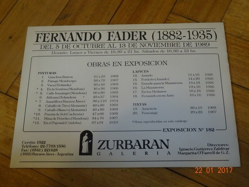 Fernando Fader. Galería Zurbaran. 1989. Catálogo - Fo&-.