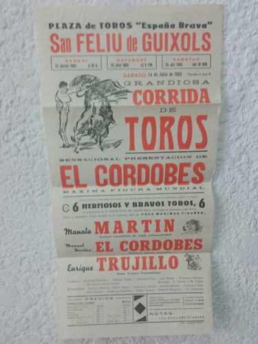 Antiguo Afiches De Corrida De Toros. Plaza España Brava 1965