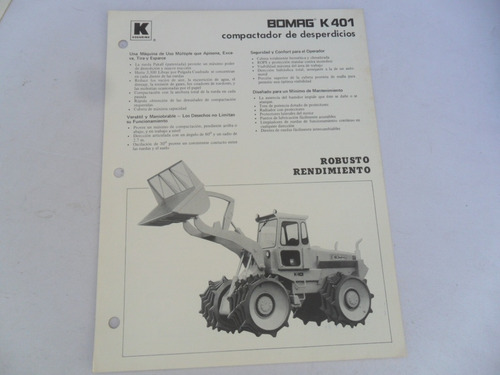 Folleto Tractor Bomag K 401 Antiguo Koehring Cummins Pala