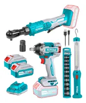 Comprar Kit Inalámbrico Total 20v Llave Impacto 1\u002F2'' Motor sin Carbones 500NM Llave Crique 3\u002F8'' 65NM Linterna con 2 Baterías 4.0Ah Litio-Ion Cargador y Dados de Impacto TOSLI240461
