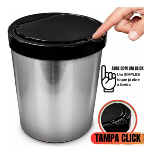 Lixeira 10 Litros Cesto De Lixo Tampa Click Label Prata Inox