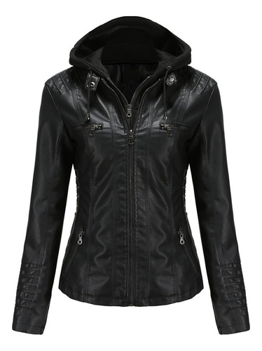 Chaqueta De Cuero Con Capucha For Mujer Talla Grande Moda Pu