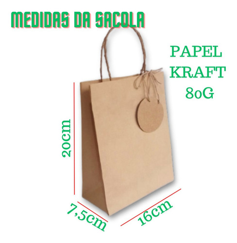 Kit 100 Sacola Kraft 20x7.5x16 Mais 100tag Cordão De Brinde Cor Pardo Sacola Com Tag