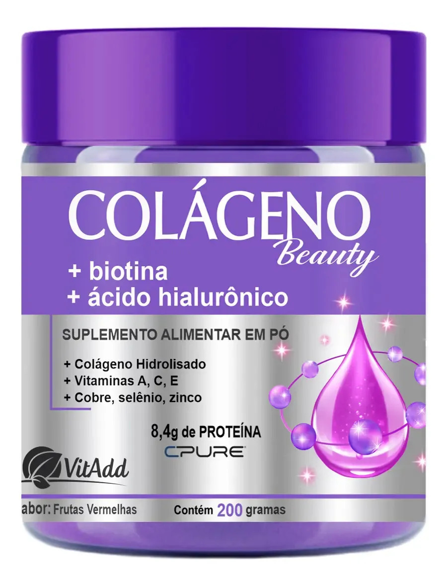 Colágeno Beauty Vitadd Pó para Beleza e Nutrição com Ácido Hialurônico e Biotina 200g Sabor Frutas Vermelhas