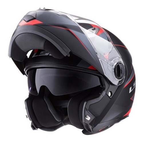 Casco Moto Ls2 Rebatible 370 Stripe Negro Rojo Doble Visor