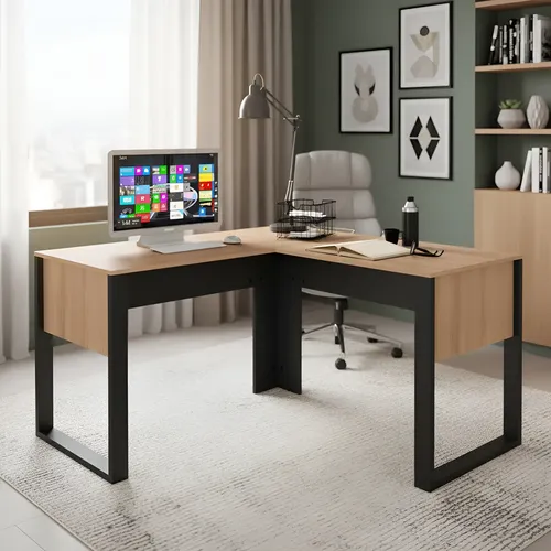 Mesa Em L 136x136cm Tecnomobili Amêndoa/preto - Me4181