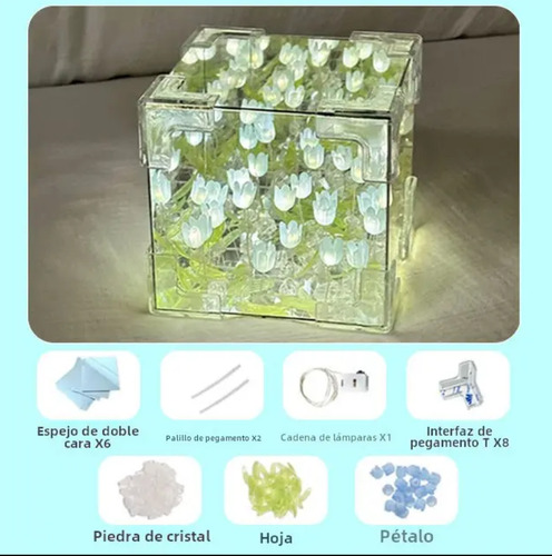 Lámpara Cubo Espejo Tulipanes Infinitos P/armar Usb 12cm Celeste
