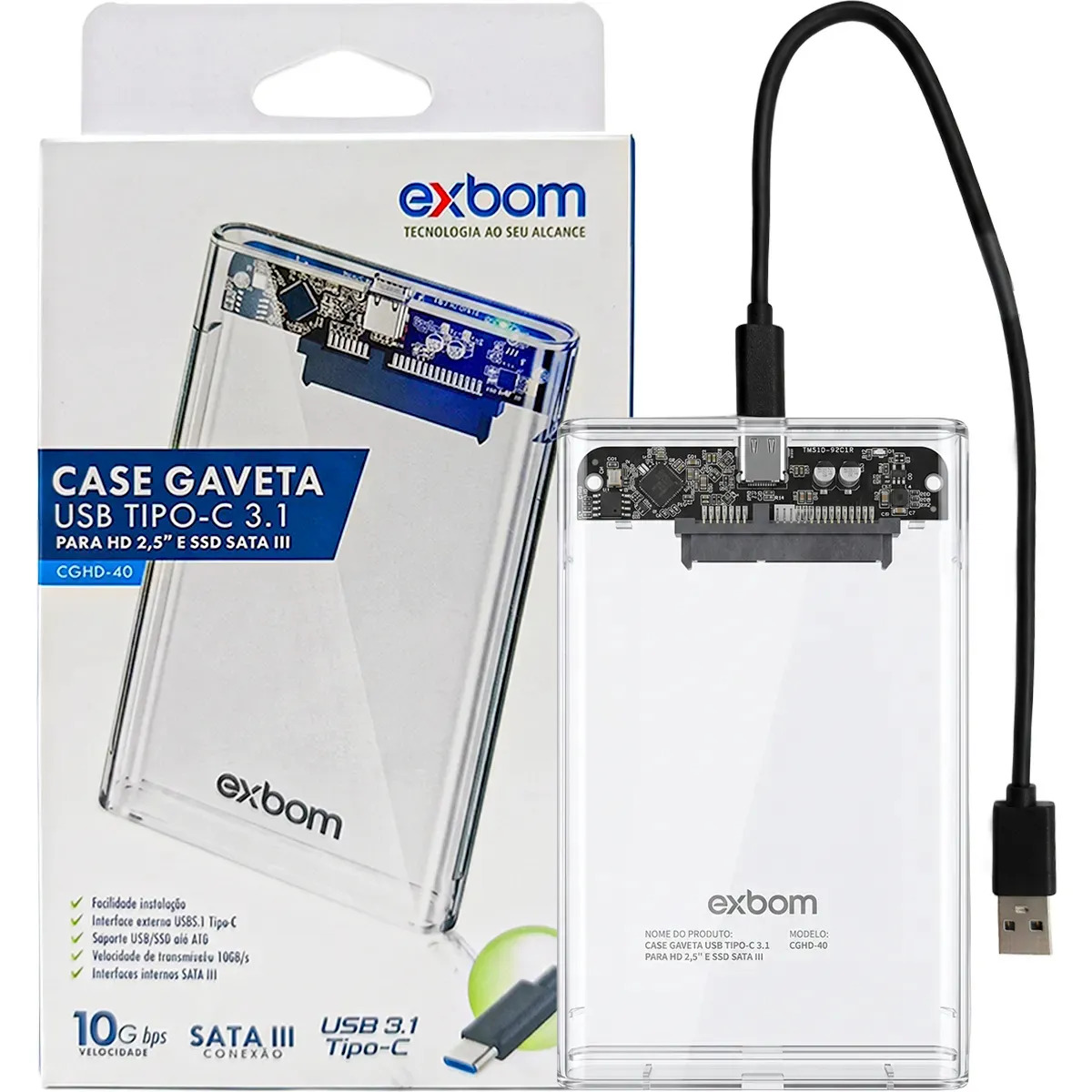 Case HD Externo Exbom Gaveta HD/SSD USB 3.1 Tipo C Sata III + Cabo USB Tipo C