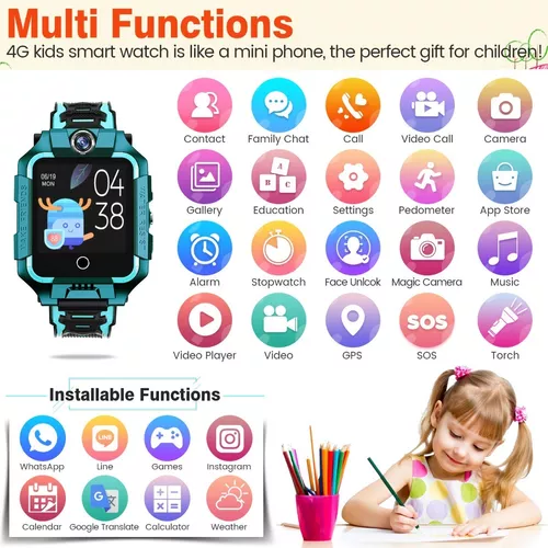 cjc Reloj inteligente 4G para niños con tarjeta SIM, teléfono inteligente  para niños, posición GPS, llamadas de voz y video, SOS, WiFi, música, reloj