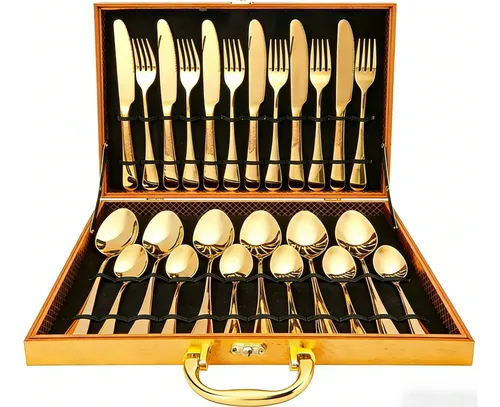 Kit Faqueiro Dourado Luxo Jogo Talheres Inox 24 peças + Maleta