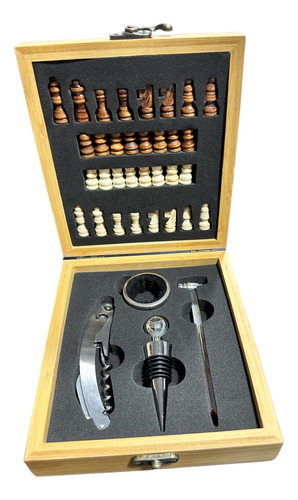 Set De Vino Tablero De Ajedrez Caja Madera Bambú Sacacorchos