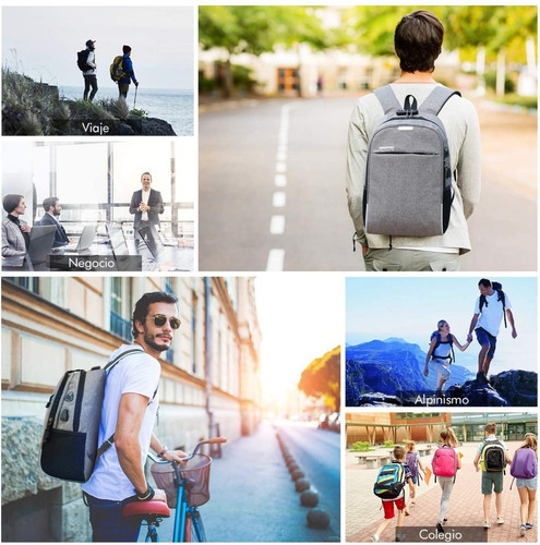 Imagen 6 de 8 de Mochila Gris Impermeable Y Antirrobo Con Conector Usb