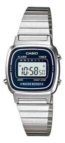 Reloj De Pulsera Casio Youth La-670wa-2 De Cuerpo Color Plateado, Digital, Para Mujer, Fondo Azul, Con Correa De Acero Inoxidable Color Plateado, Dial Negro, Minutero/segundero Negro