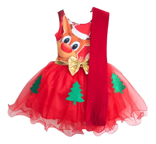 Disfraz Vestido Navideño Rojo Niña Navidad Santa Claus Reno Bufanda 