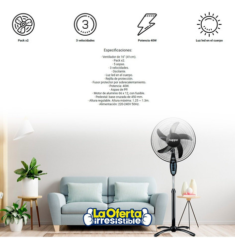 Imagen 3 de 4 de Pack X2 Ventiladores De Pie Nappo 16'' 3 Vel 5 Aspas Loi