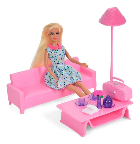 Muñeca En Living Vestido Celeste + 6 Acces. Fenix (30008)