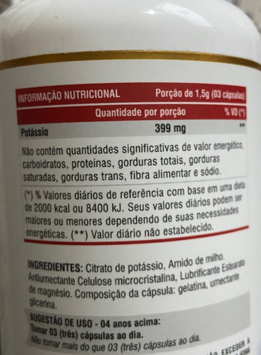Imagen 2 de 2 de Citrato De Potasio 100 Cápsulas De 500mg Original Potassium
