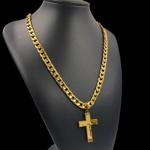 Cordão 60cm E Pingente Cruz Pai Nosso Em Tungstênio Pura Cor Dourado