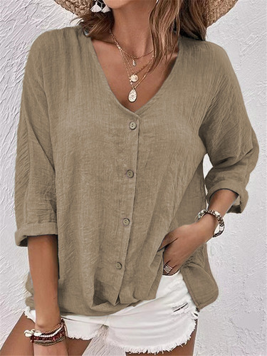 Camisa S, Cuello En V, Mangas Cortas, Holgada, Ropa Casual.