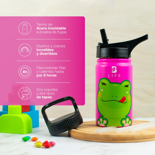 Termo De Agua Para Niños 355 Ml Con Popote Y Asa. B Life Color Rana