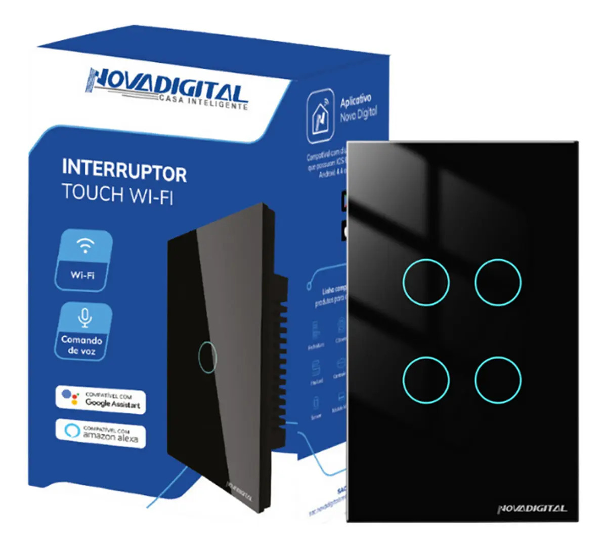 Interruptor Inteligente Wifi Novadigital 4 Teclas Botões Touch Tuya Smart Life Alexa Google 110V 220V Bivolt Preto