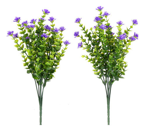 4 Plantas Artificiales, Arbustos Verdes, Flores Moradas