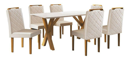 Conjunto Sala De Jantar 6 Cadeiras Em Linho Off White, Mel
