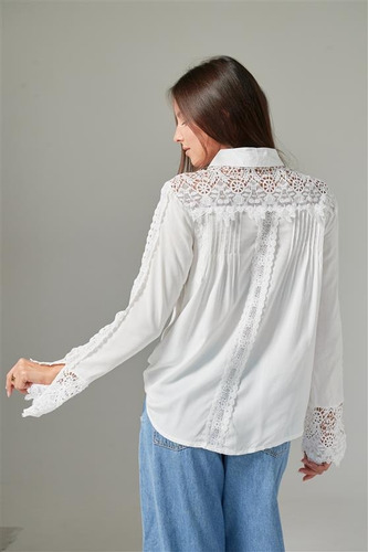 Camisa Premium Zanett Broderie Con Encaje Guk61 White