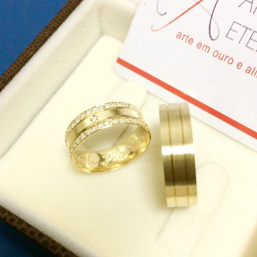 Par Alianças De Ouro 18k Grossa Reta 12 Gramas 6mm Com Pedra