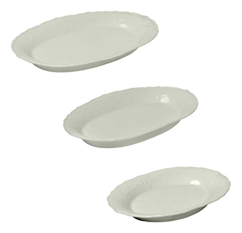 Conjunto Com 3 Travessas Oval Porcelana Branca Auto Relevo