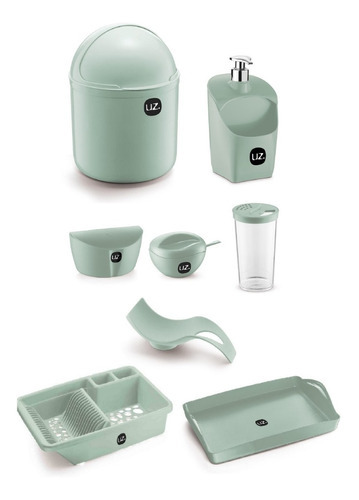 Kit 8 Peças Utensílios Para Cozinha Com Lixeira E Saleiro Uz Cor Verde