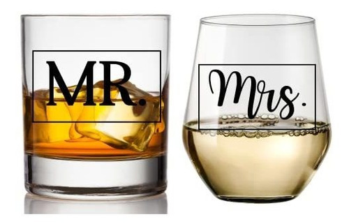 Set Regalo Vasos Whiskey Y Vino Mr. Y Mrs. - Bodas - Novios