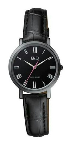 Reloj Q&q De Dama Modelo Qa21 Piel Negro Carátula Negra