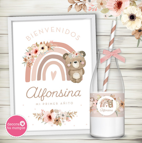 Kit Imprimible Osita Arcoiris Flores Acuarela