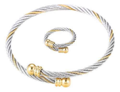 Set Pulsera Y Anillo Hombre Oro 14k Lam Y Acero Inoxidable Color Blanco Diámetro 17 Cm