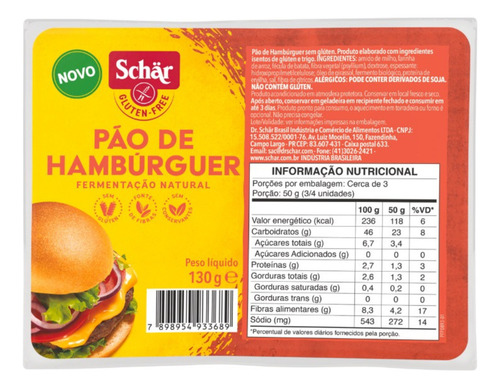 Kit 5 Pães De Hamburguer Schar 130g Sem Glúten Sem Lactose