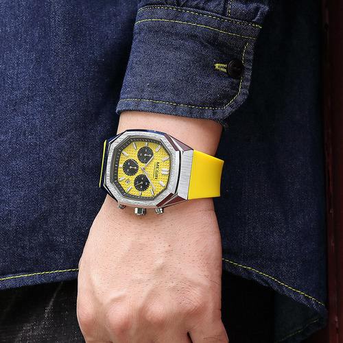 Reloj Cronógrafo Con Calendario Cuadrado Megir Color De La Correa Amarillo