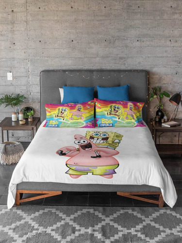 Lençol Casal Personalizado Personagens Bob Esponja E Patrick Cor Branco