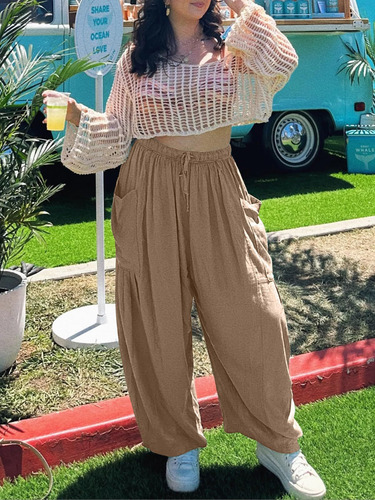 Pantalones Anchos Con Cordón De Lino Y Algodón Para Mujer