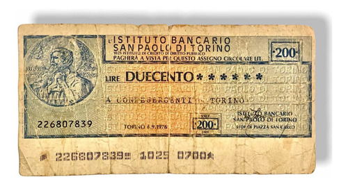Cheque Instituto Bancario San Paolo Di Torino 200 Liras 1976